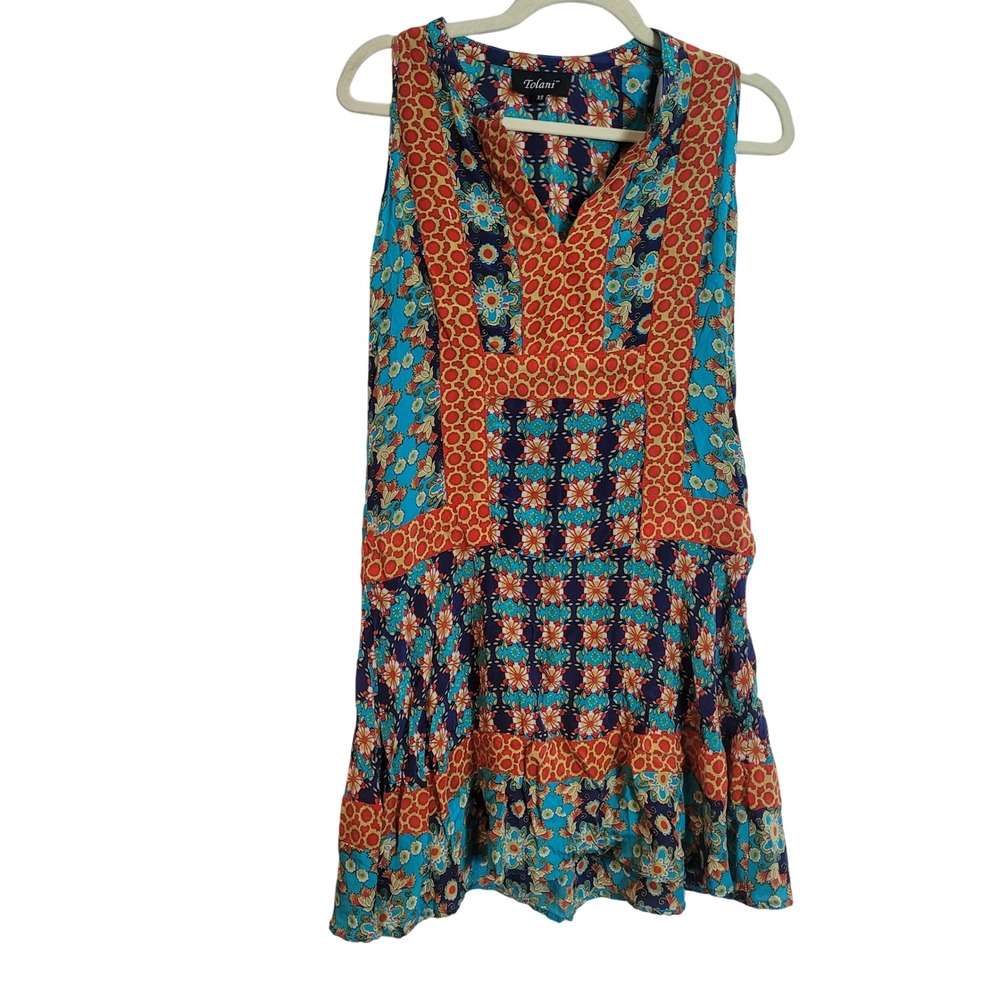 Tolani Womens XS Silk Sleeveless Mixed Print Boho Ruffle Mini Dress Blue Orange